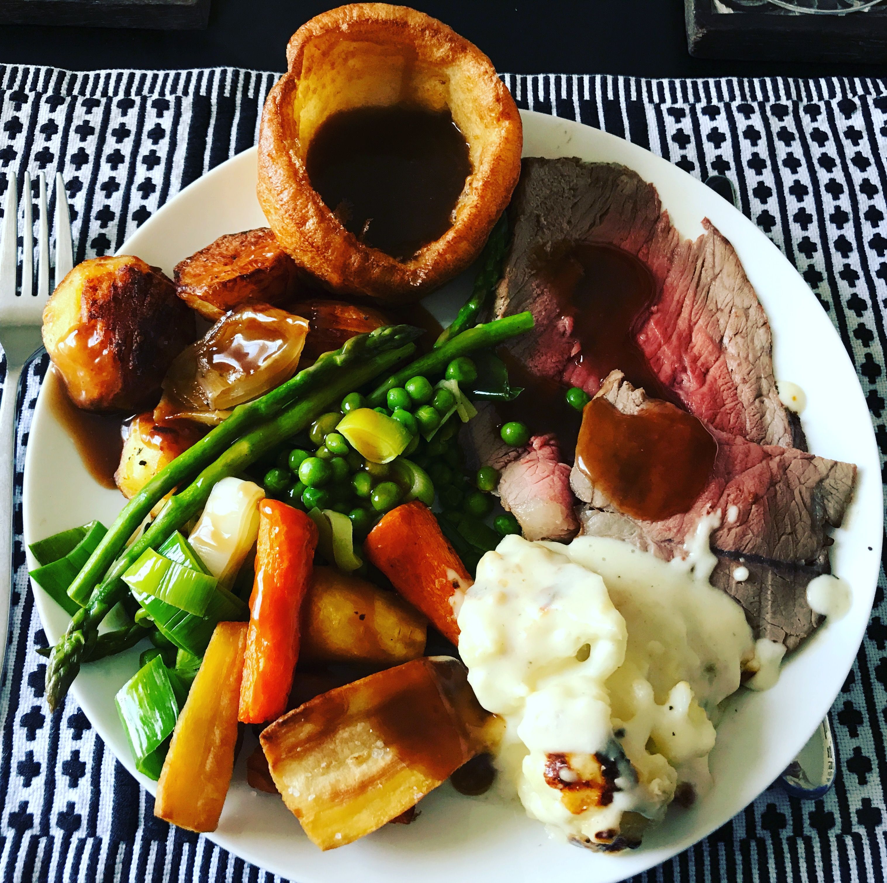Image result for roast beef with roast potatoes, cauliflower cheese, and carrots